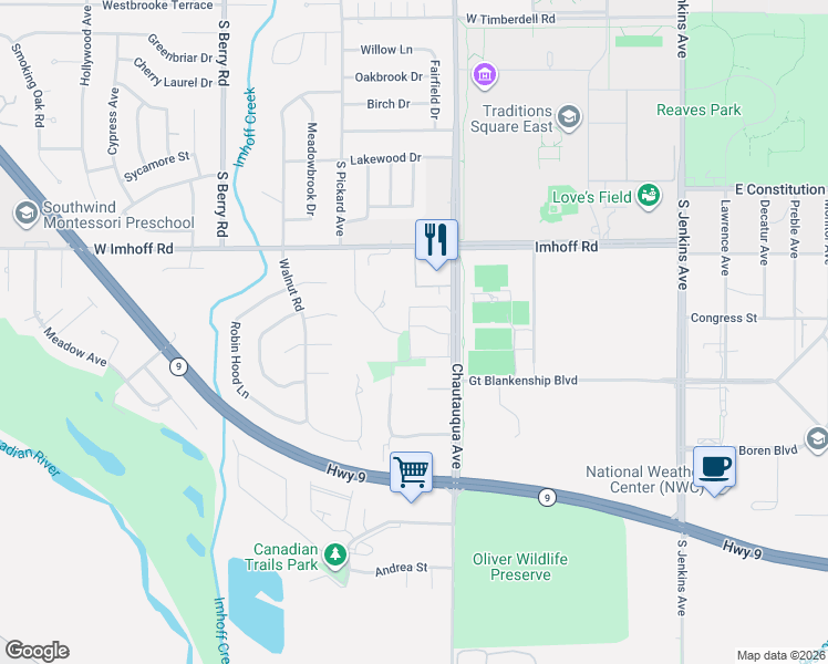 map of restaurants, bars, coffee shops, grocery stores, and more near 3000 Chautauqua Avenue in Norman