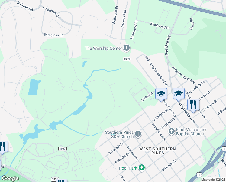 map of restaurants, bars, coffee shops, grocery stores, and more near 121 Plantation Drive in Southern Pines
