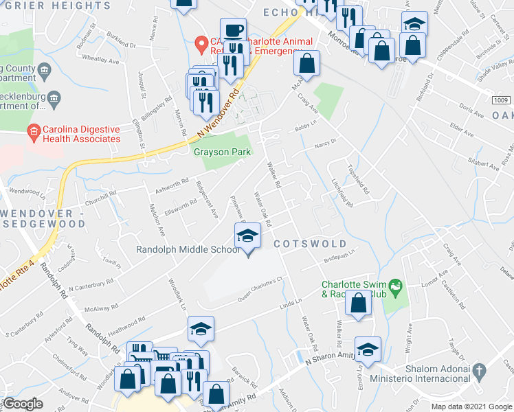 map of restaurants, bars, coffee shops, grocery stores, and more near 4208 Water Oak Road in Charlotte