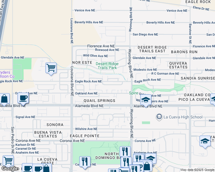map of restaurants, bars, coffee shops, grocery stores, and more near 7409 Desert Eagle Road Northeast in Albuquerque