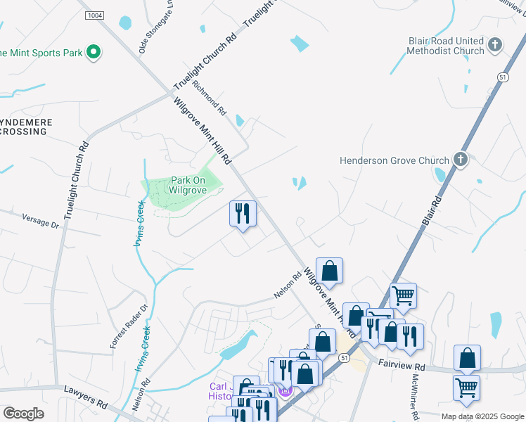 map of restaurants, bars, coffee shops, grocery stores, and more near 5000 Happy Hollow Drive in Mint Hill