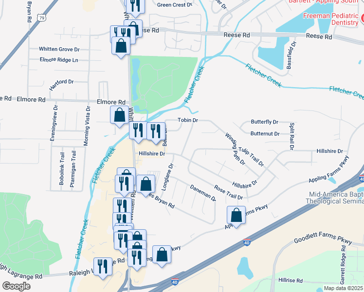 map of restaurants, bars, coffee shops, grocery stores, and more near 2243 Hometown Drive in Memphis