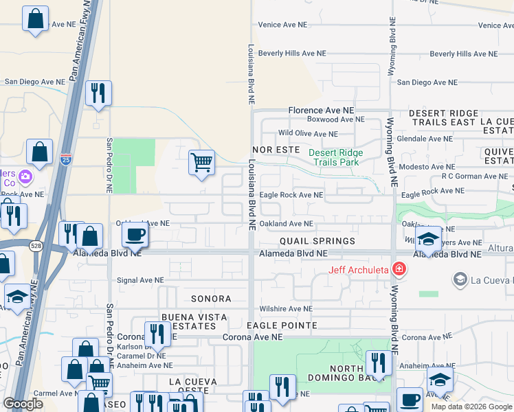 map of restaurants, bars, coffee shops, grocery stores, and more near 8915 Moonstone Drive Northeast in Albuquerque