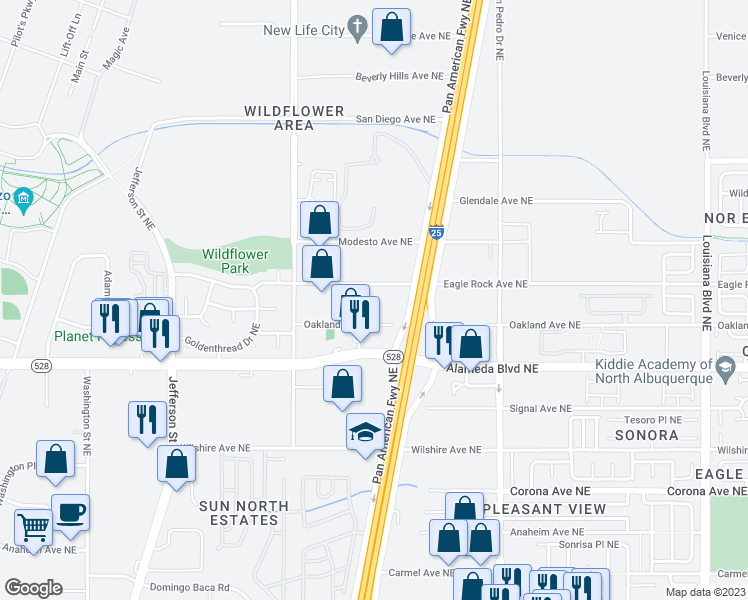 map of restaurants, bars, coffee shops, grocery stores, and more near 5600 Eagle Rock Avenue Northeast in Albuquerque