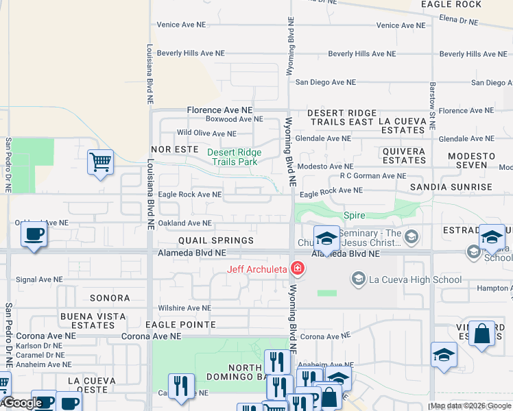 map of restaurants, bars, coffee shops, grocery stores, and more near 7509 Desert Eagle Road Northeast in Albuquerque