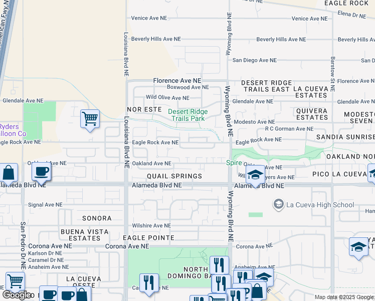 map of restaurants, bars, coffee shops, grocery stores, and more near 7409 Desert Eagle Road Northeast in Albuquerque