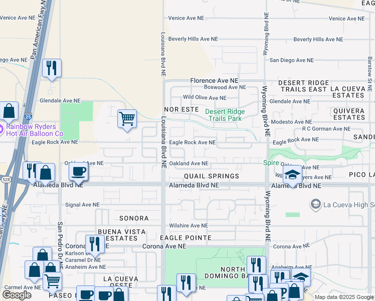 map of restaurants, bars, coffee shops, grocery stores, and more near 9032 Sunny Brook Street Northeast in Albuquerque