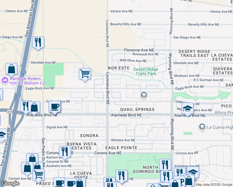 map of restaurants, bars, coffee shops, grocery stores, and more near 7115 Tourmaline Road Northeast in Albuquerque