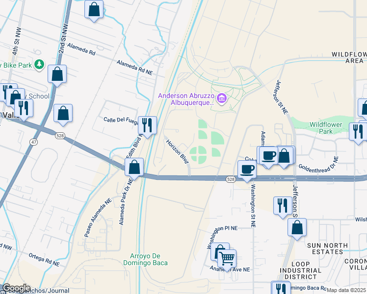 map of restaurants, bars, coffee shops, grocery stores, and more near 8810 Horizon Boulevard in Albuquerque