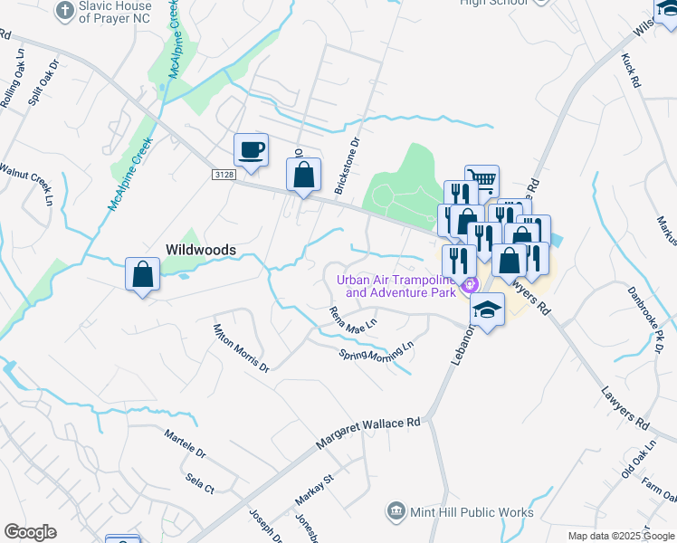 map of restaurants, bars, coffee shops, grocery stores, and more near 7424 Rena Mae Lane in Charlotte