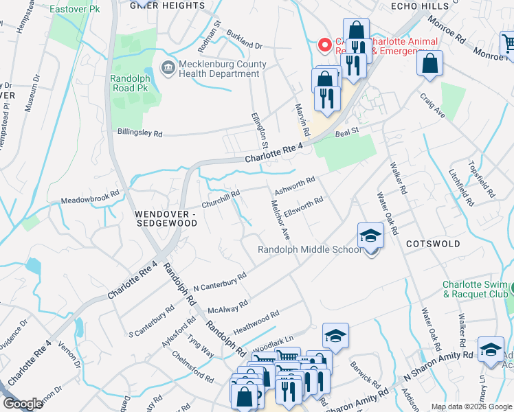 map of restaurants, bars, coffee shops, grocery stores, and more near in Charlotte