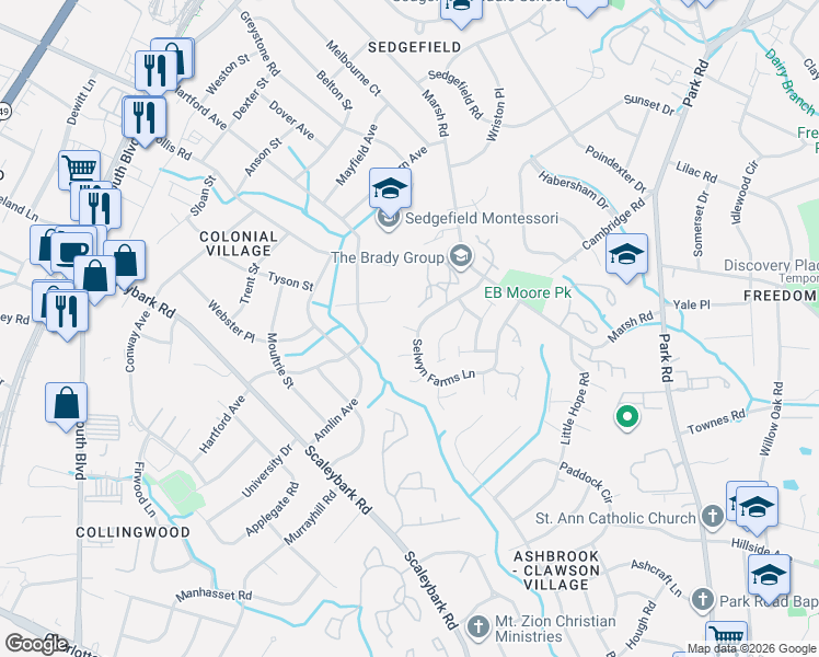 map of restaurants, bars, coffee shops, grocery stores, and more near 807 Selwyn Oaks Court in Charlotte
