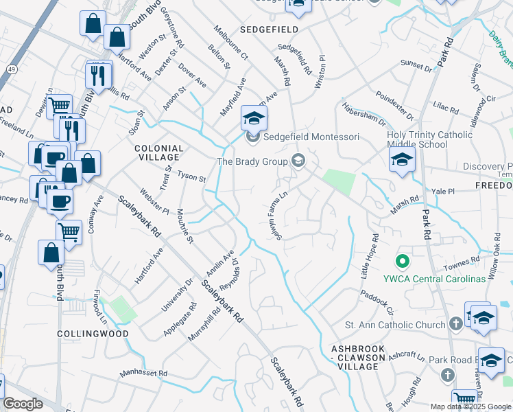 map of restaurants, bars, coffee shops, grocery stores, and more near 807 Selwyn Oaks Court in Charlotte