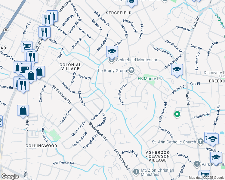 map of restaurants, bars, coffee shops, grocery stores, and more near 807 Selwyn Oaks Court in Charlotte