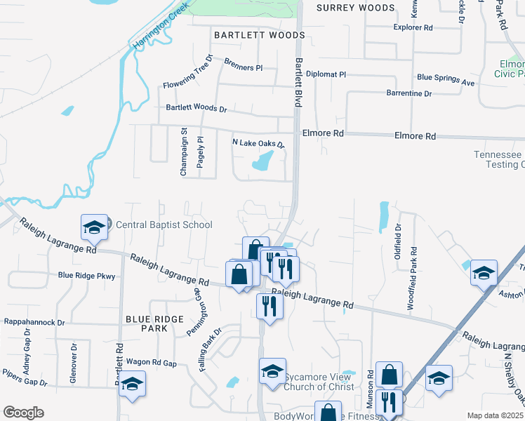map of restaurants, bars, coffee shops, grocery stores, and more near 5768 Silvercreek Drive North in Memphis