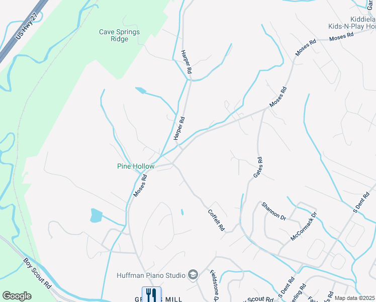 map of restaurants, bars, coffee shops, grocery stores, and more near 7402 Moses Road in Middle Valley