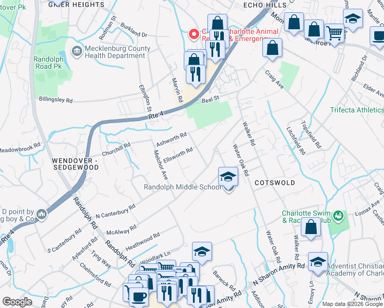 map of restaurants, bars, coffee shops, grocery stores, and more near 536 Ellsworth Road in Charlotte