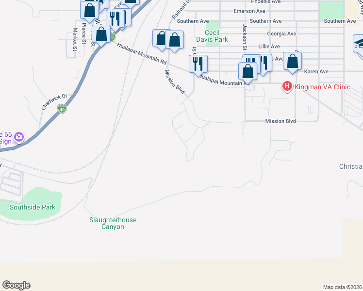 map of restaurants, bars, coffee shops, grocery stores, and more near 2187 Mesa Drive in Kingman