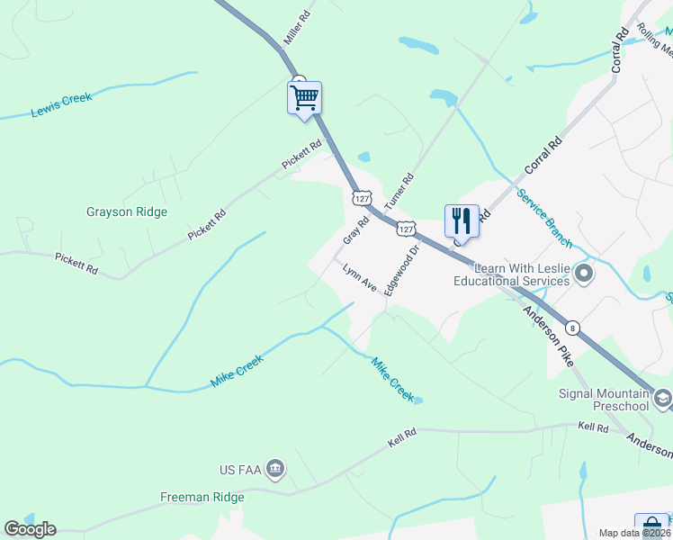 map of restaurants, bars, coffee shops, grocery stores, and more near 5314 Lynn Avenue in Signal Mountain