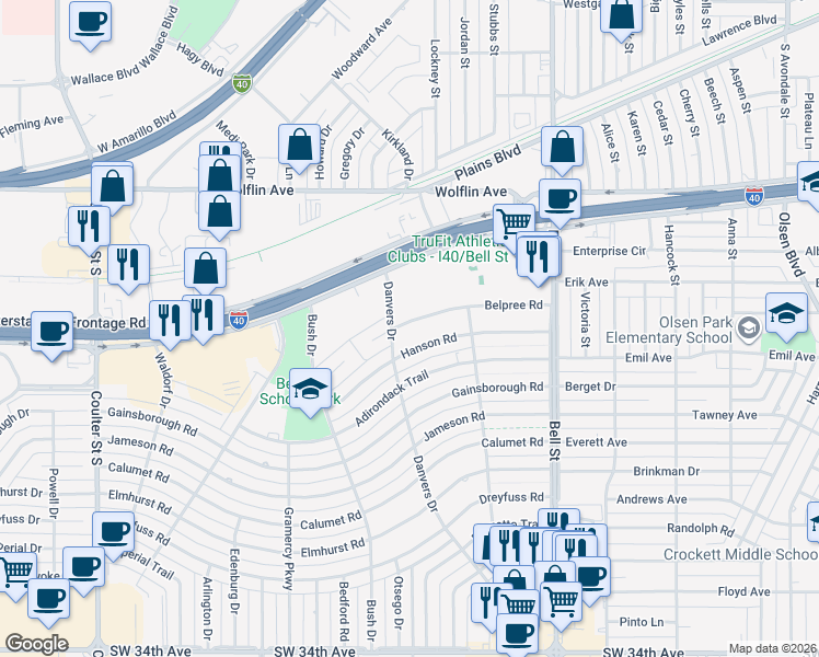 map of restaurants, bars, coffee shops, grocery stores, and more near 6136 Belpree Road in Amarillo