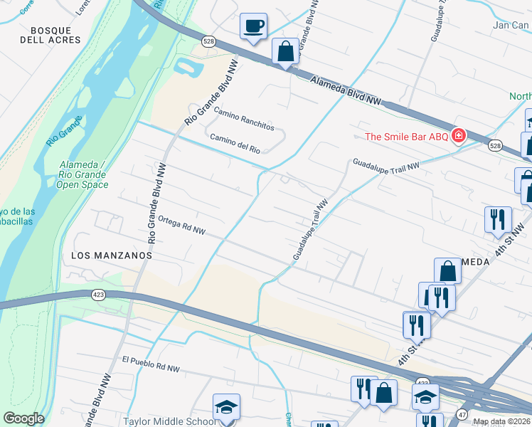 map of restaurants, bars, coffee shops, grocery stores, and more near 8949 Guadalupe Trail Northwest in Albuquerque