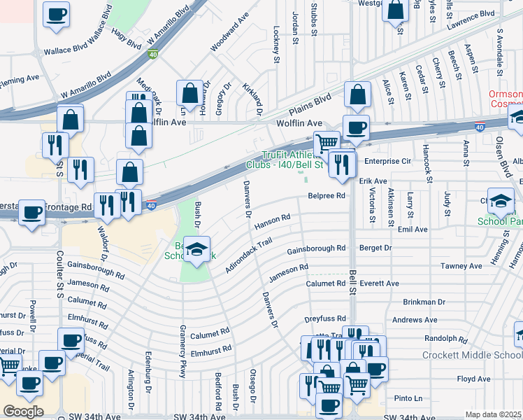 map of restaurants, bars, coffee shops, grocery stores, and more near 6127 Belpree Road in Amarillo