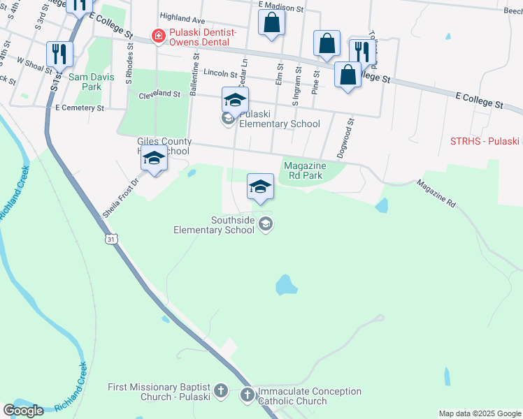 map of restaurants, bars, coffee shops, grocery stores, and more near 707 South Cedar Lane in Pulaski