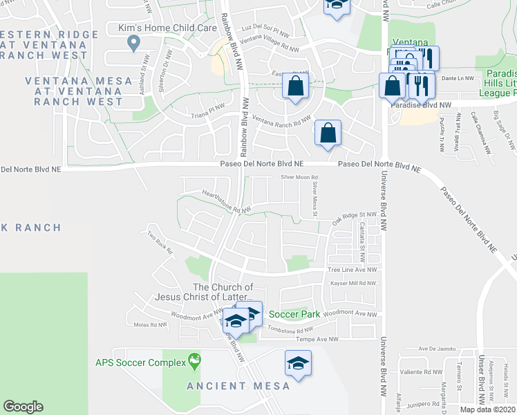 map of restaurants, bars, coffee shops, grocery stores, and more near 7120 Hearthstone Road Northwest in Albuquerque