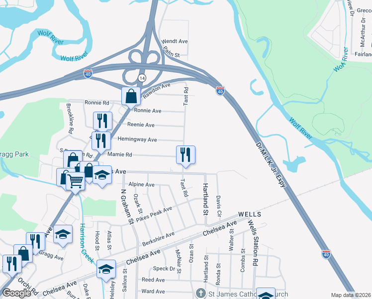 map of restaurants, bars, coffee shops, grocery stores, and more near 2030 Tant Road in Memphis