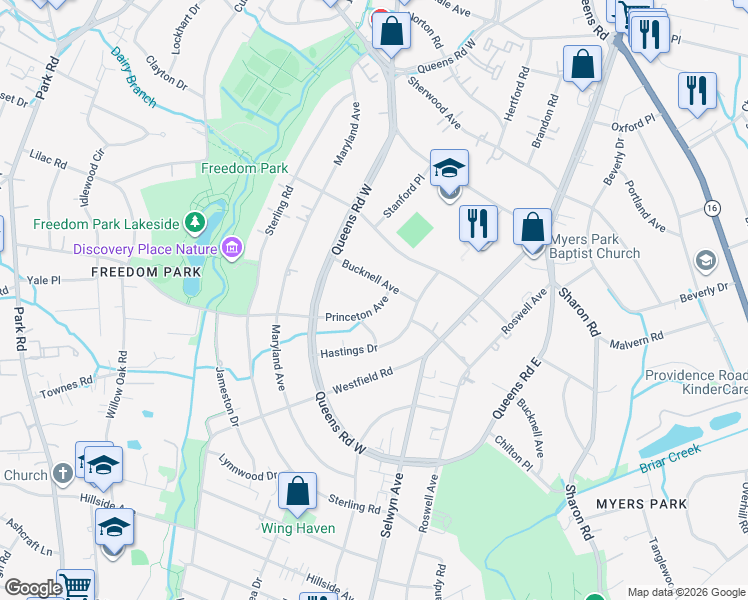 map of restaurants, bars, coffee shops, grocery stores, and more near 2119 Princeton Avenue in Charlotte