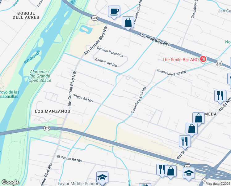 map of restaurants, bars, coffee shops, grocery stores, and more near 1035 Ortega Road Northwest in Los Ranchos de Albuquerque