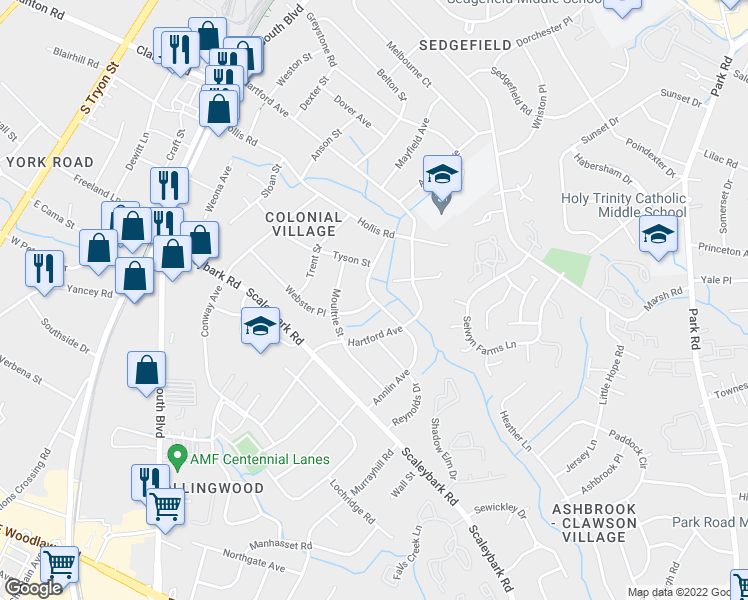 map of restaurants, bars, coffee shops, grocery stores, and more near Annlin Ave & Webster Pl in Charlotte