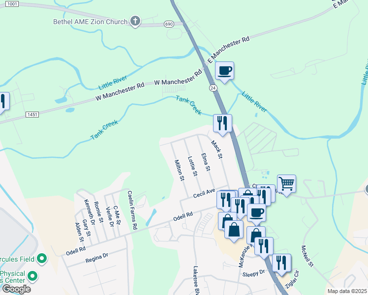 map of restaurants, bars, coffee shops, grocery stores, and more near 1429 Lottie Street in Spring Lake