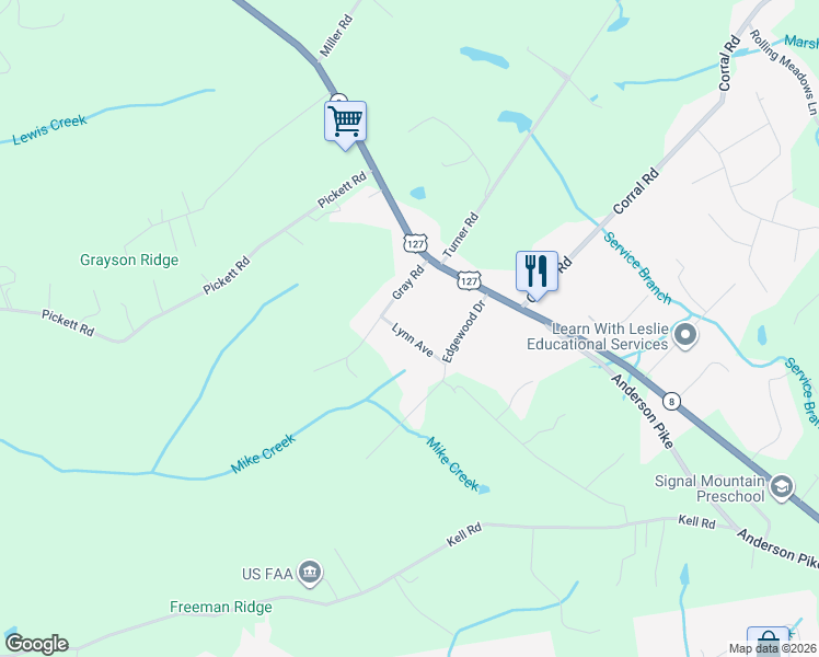 map of restaurants, bars, coffee shops, grocery stores, and more near 5314 Lynn Avenue in Signal Mountain