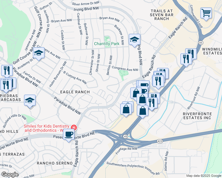 map of restaurants, bars, coffee shops, grocery stores, and more near 4527 Agate Hills Road Northwest in Albuquerque