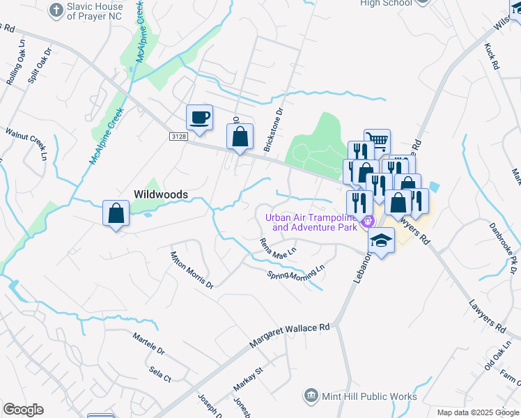 map of restaurants, bars, coffee shops, grocery stores, and more near 7424 Rena Mae Lane in Charlotte