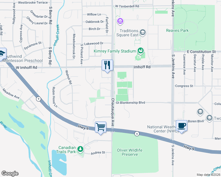 map of restaurants, bars, coffee shops, grocery stores, and more near 2930 Chautauqua Avenue in Norman