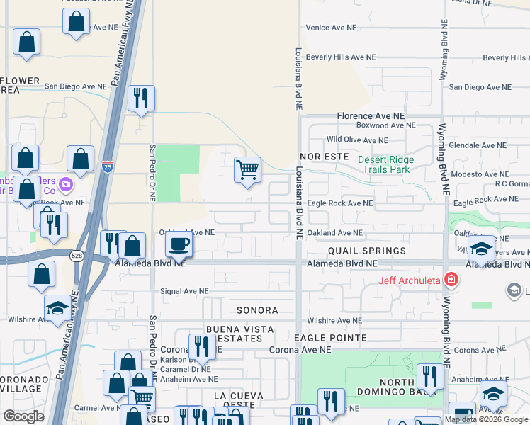map of restaurants, bars, coffee shops, grocery stores, and more near 6901 Shale Avenue Northeast in Albuquerque