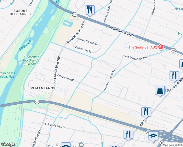 map of restaurants, bars, coffee shops, grocery stores, and more near 1035 Ortega Road Northwest in Los Ranchos de Albuquerque