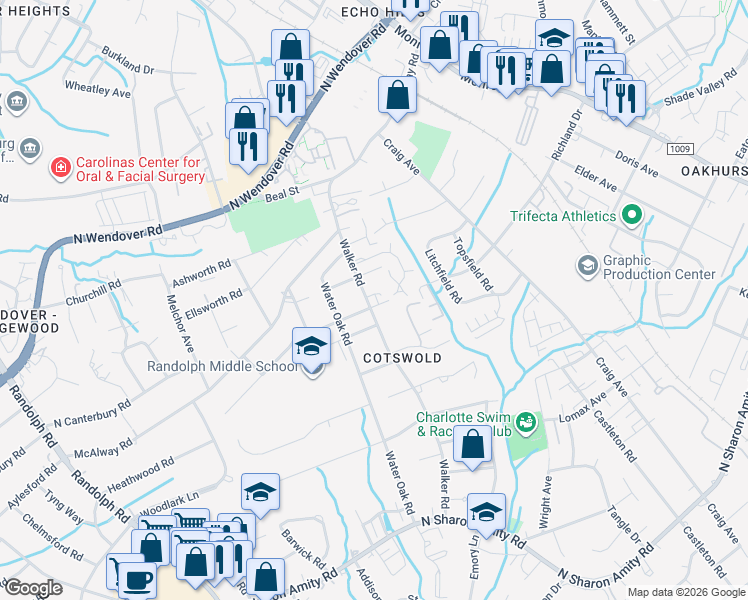 map of restaurants, bars, coffee shops, grocery stores, and more near in Charlotte