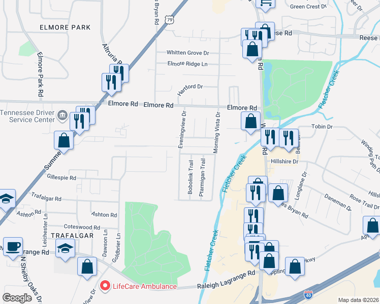 map of restaurants, bars, coffee shops, grocery stores, and more near 6624 Windflower Lane in Memphis