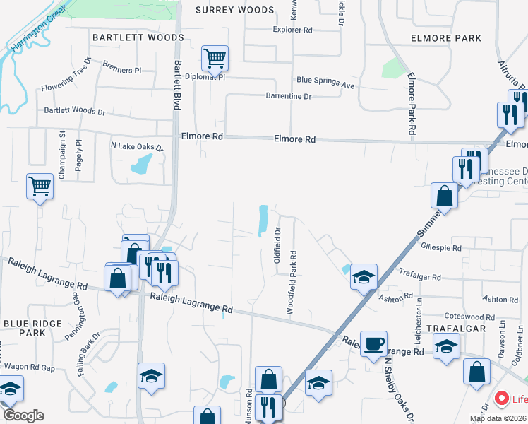 map of restaurants, bars, coffee shops, grocery stores, and more near 2263 Oldfield Drive in Memphis