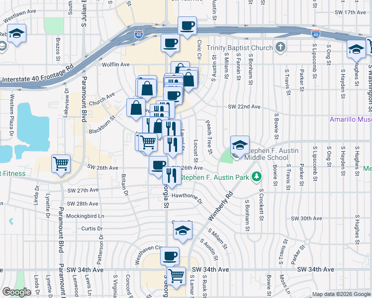 map of restaurants, bars, coffee shops, grocery stores, and more near 2229 Laurel Street in Amarillo