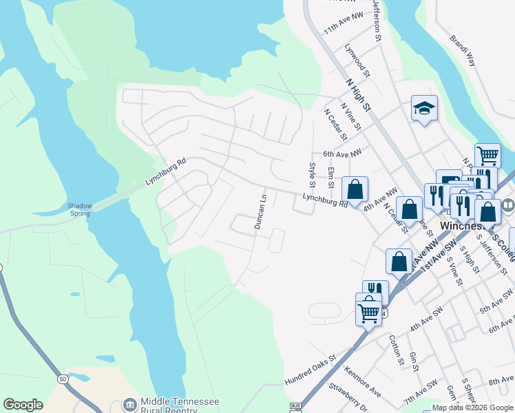 map of restaurants, bars, coffee shops, grocery stores, and more near 72 Duncan Lane in Winchester