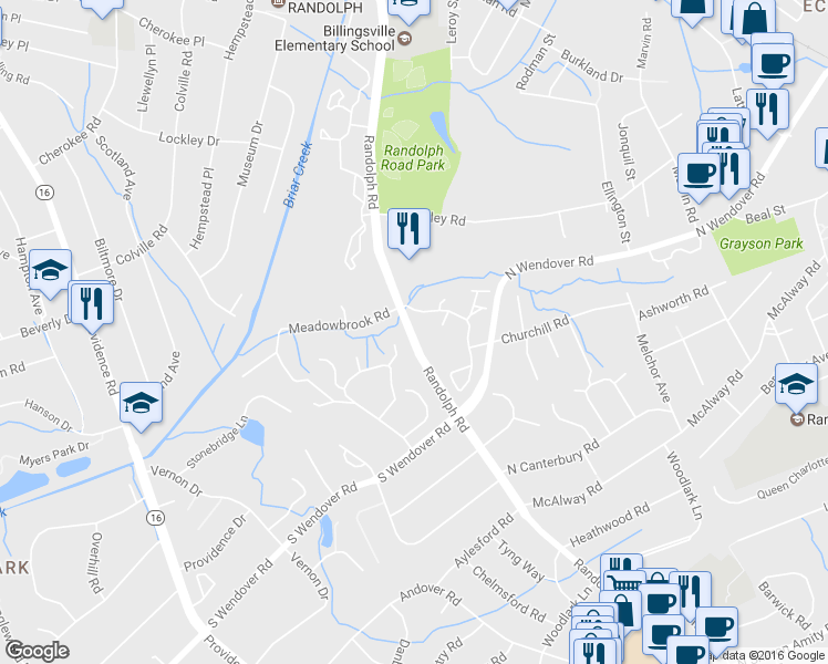 map of restaurants, bars, coffee shops, grocery stores, and more near 3715 Randolph Rd in Charlotte