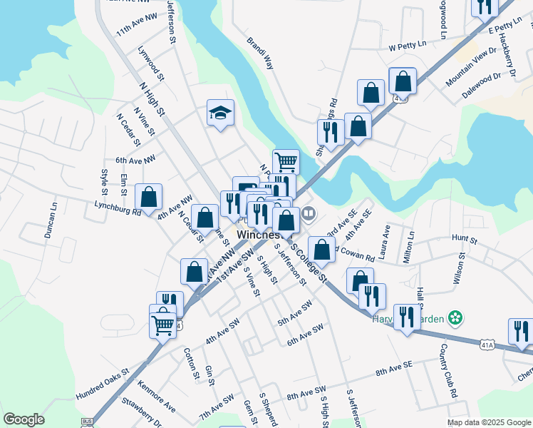 map of restaurants, bars, coffee shops, grocery stores, and more near 119 1st Avenue Northwest in Winchester
