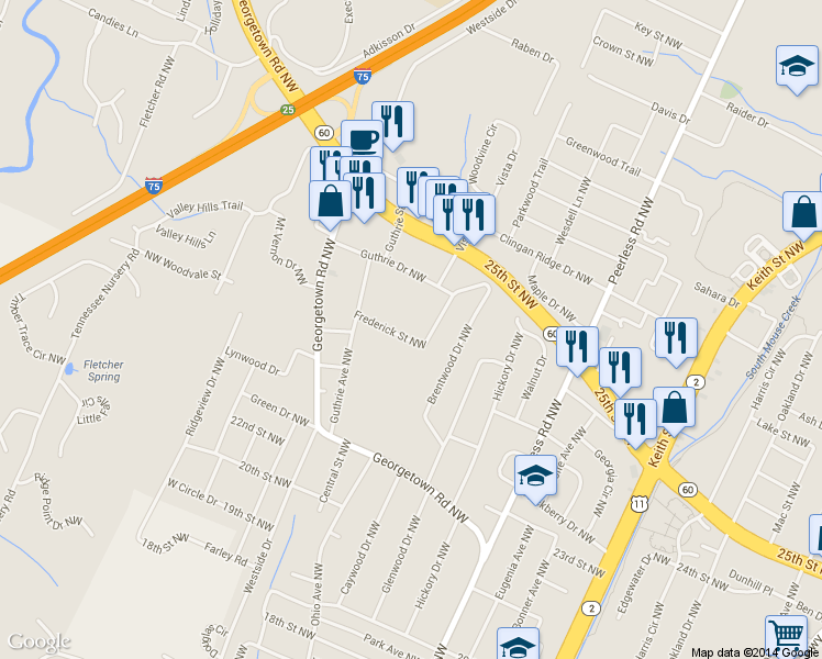 map of restaurants, bars, coffee shops, grocery stores, and more near 1440 Frederick St NW in Cleveland
