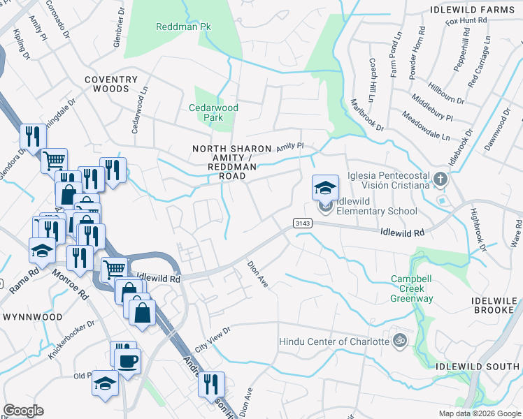 map of restaurants, bars, coffee shops, grocery stores, and more near 7015 Reddman Road in Charlotte