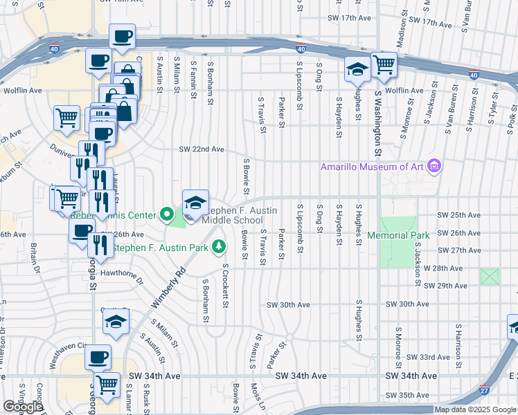 map of restaurants, bars, coffee shops, grocery stores, and more near 2402 South Travis Street in Amarillo