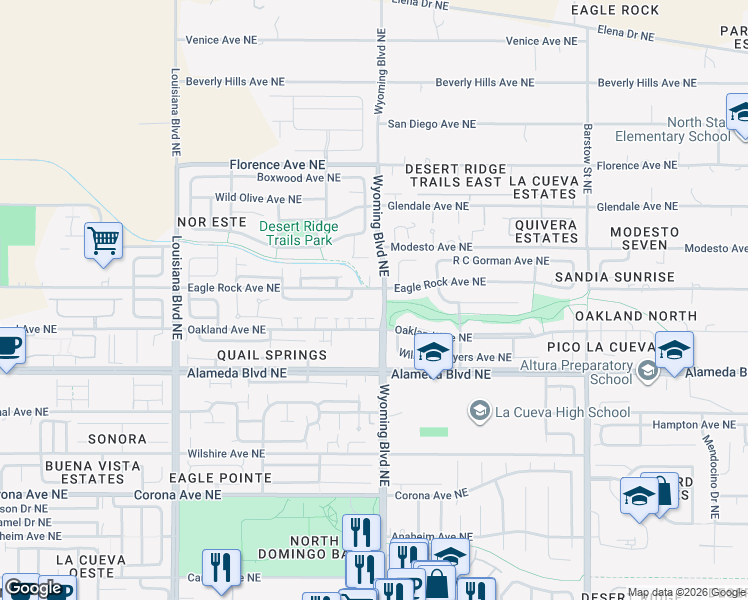map of restaurants, bars, coffee shops, grocery stores, and more near 7536 Eagle Rock Avenue Northeast in Albuquerque